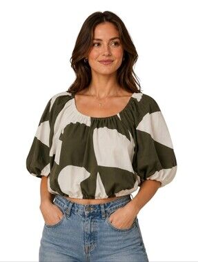 Staple the Label Abstract Print Puff Sleeve Crop Top Green Cream Womens Large